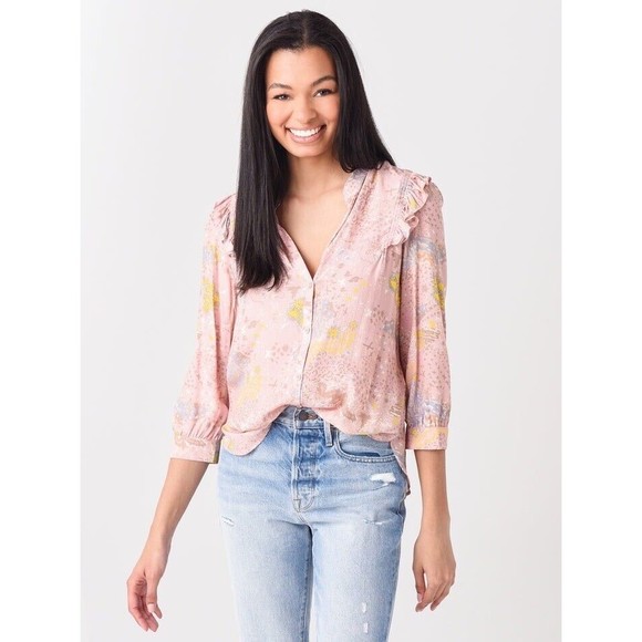 ZADIG & VOLTAIRE Tygg Print Glam Rock Shirt Pink Ruffle Blouse Large long sleeve - Picture 1 of 15